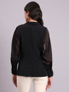 Black Shawl Collar Top With Sheer Balloon Sleeves And Fancy Buttons Detailed