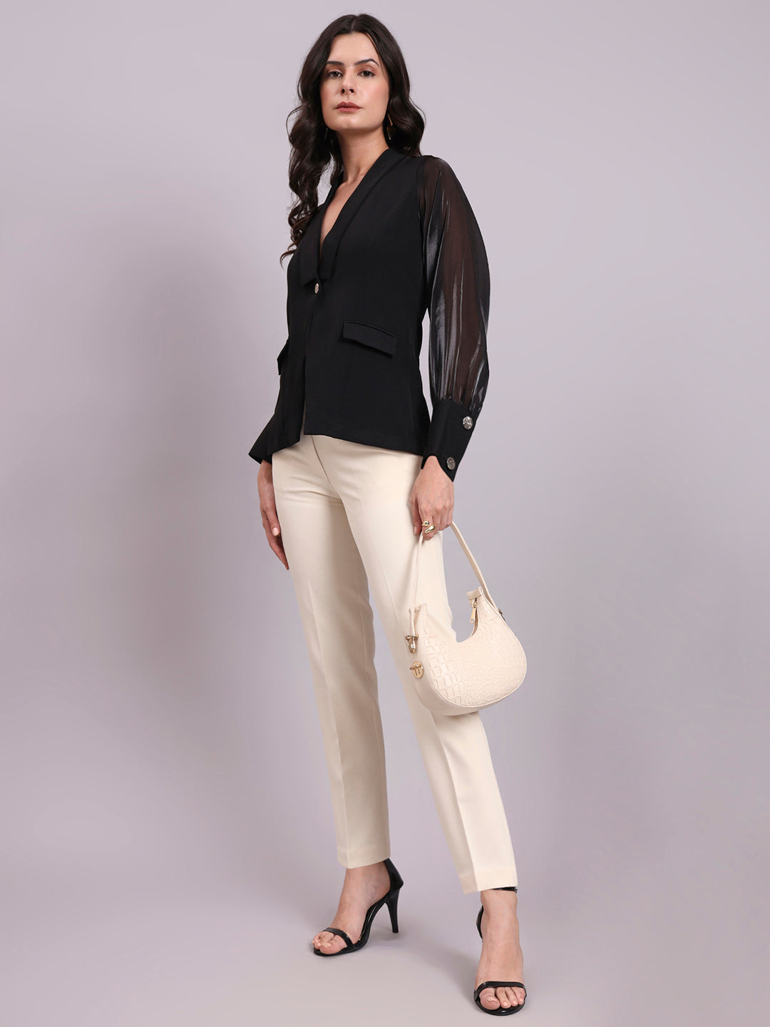 Black Shawl Collar Top With Sheer Balloon Sleeves And Fancy Buttons Detailed