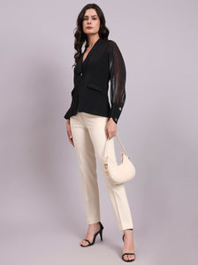 Black Shawl Collar Top With Sheer Balloon Sleeves And Fancy Buttons Detailed