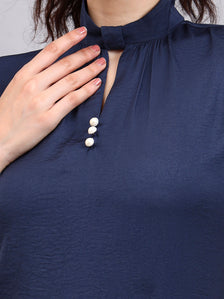 Premium Blue High-Neck Satin Top with Pearl Detailing