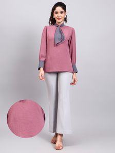 Pink Tie-Neck Top With Contrast Grey Cuffs And Ruffle Detail