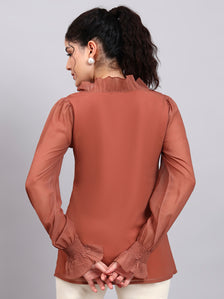 Rust V-Neck Top With Pleated Detail And Smocked Sheer Sleeves