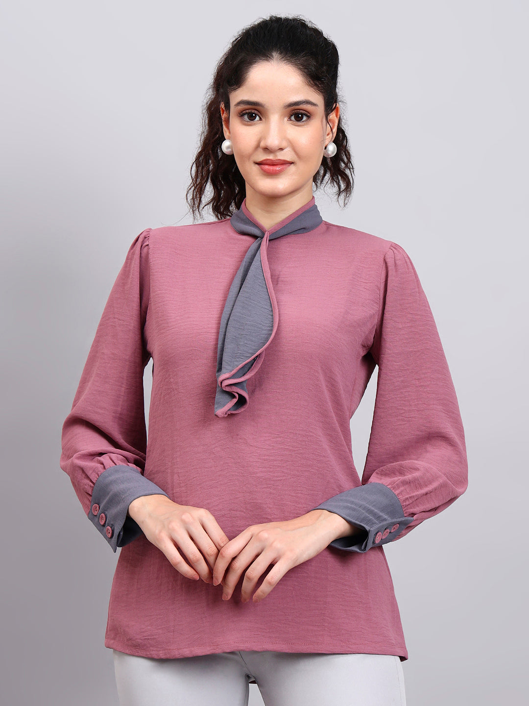 Pink Tie-Neck Top With Contrast Grey Cuffs And Ruffle Detail