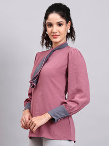 Pink Tie-Neck Top With Contrast Grey Cuffs And Ruffle Detail