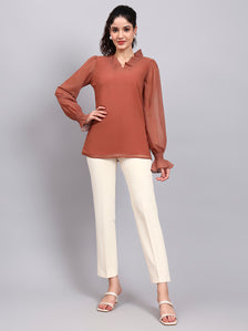 Rust V-Neck Top With Pleated Detail And Smocked Sheer Sleeves