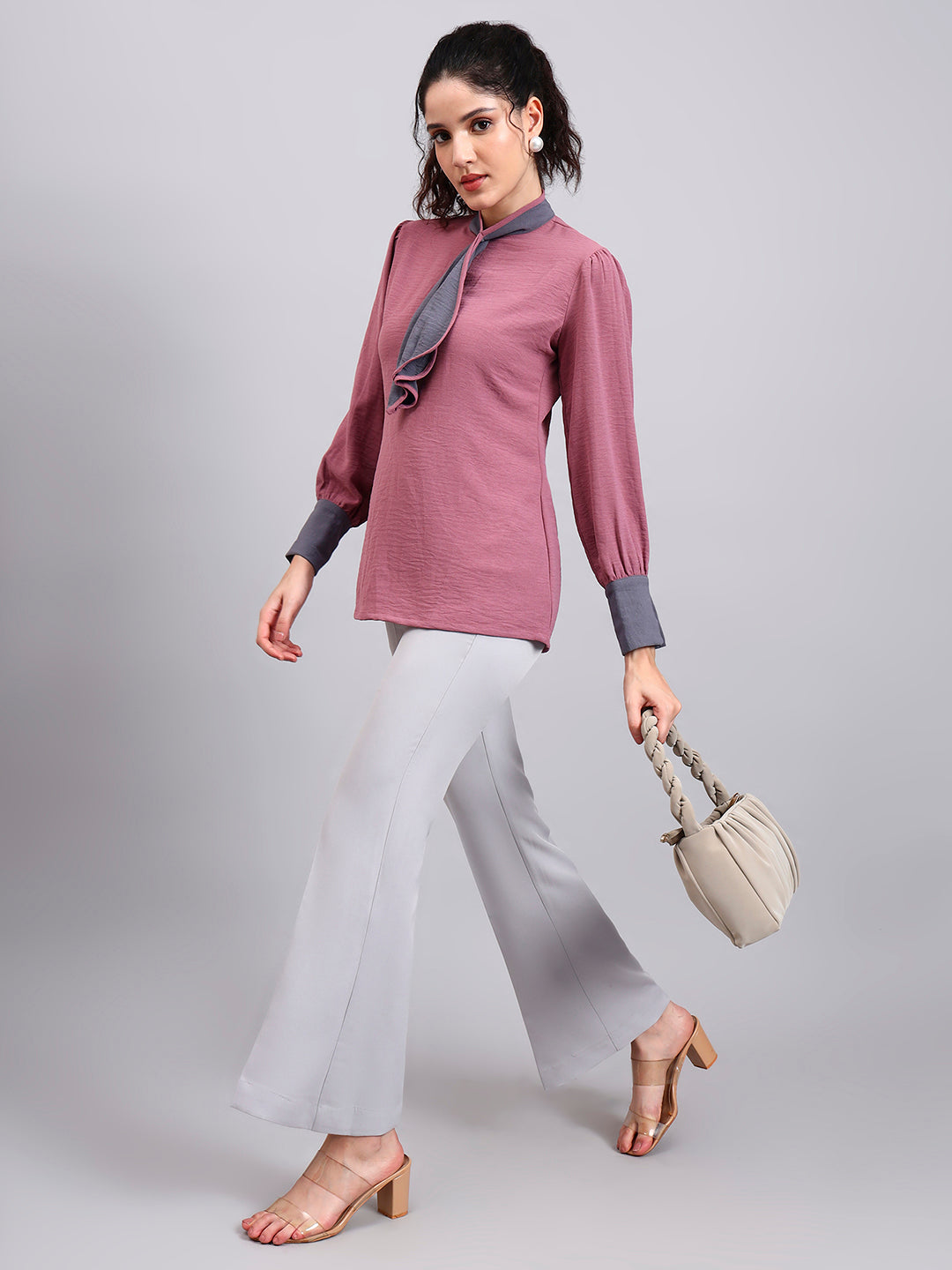 Pink Tie-Neck Top With Contrast Grey Cuffs And Ruffle Detail