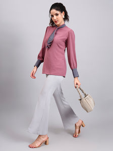 Pink Tie-Neck Top With Contrast Grey Cuffs And Ruffle Detail