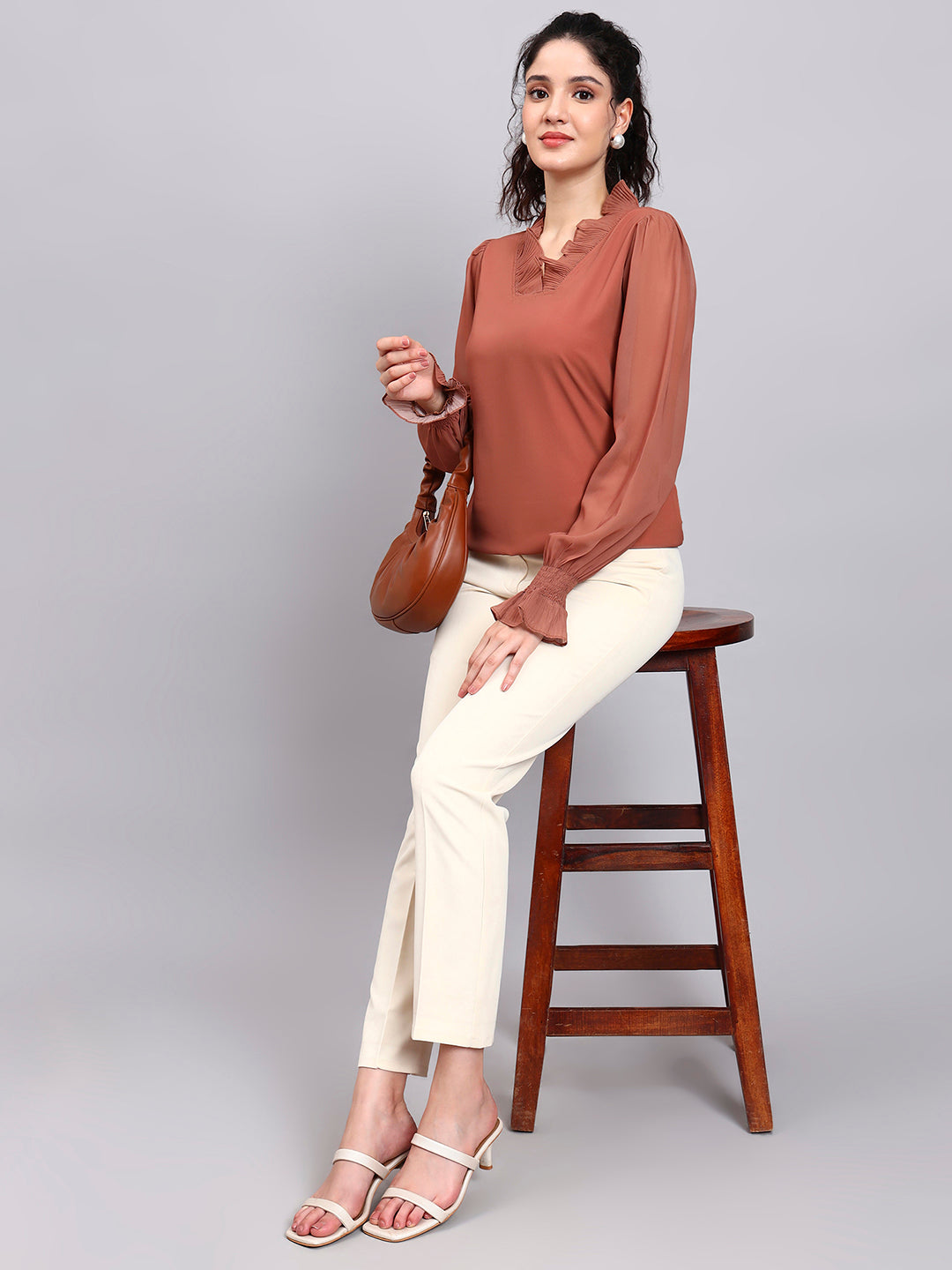 Rust V-Neck Top With Pleated Detail And Smocked Sheer Sleeves