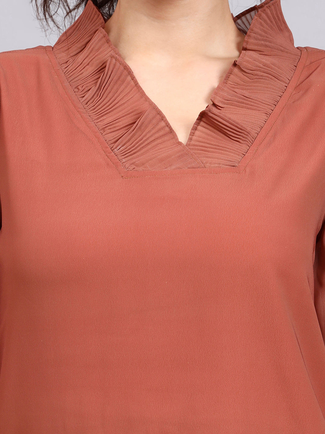 Rust V-Neck Top With Pleated Detail And Smocked Sheer Sleeves