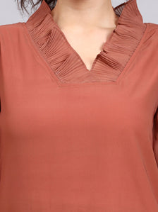 Rust V-Neck Top With Pleated Detail And Smocked Sheer Sleeves