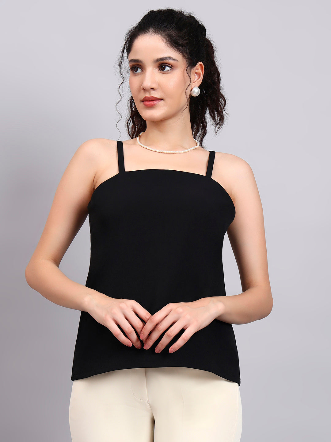 Black Square Neck Sleeveless Camisole with Comfort Fit