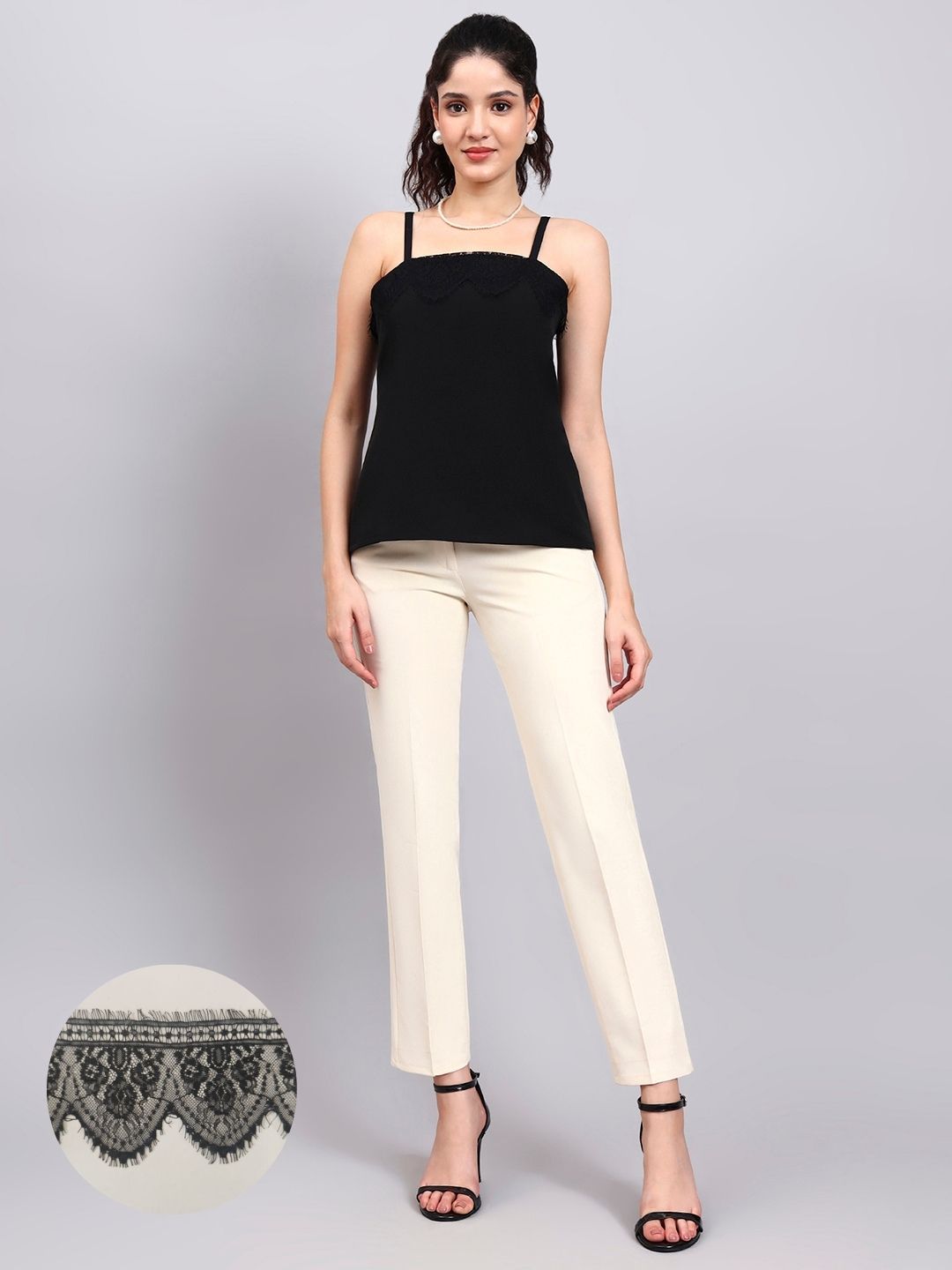 Elegant Black Lace-Trim Camisole with Square Neck