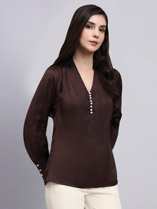 Women Premium Chocolate High-Neck Satin Top with Pearl Detailing
