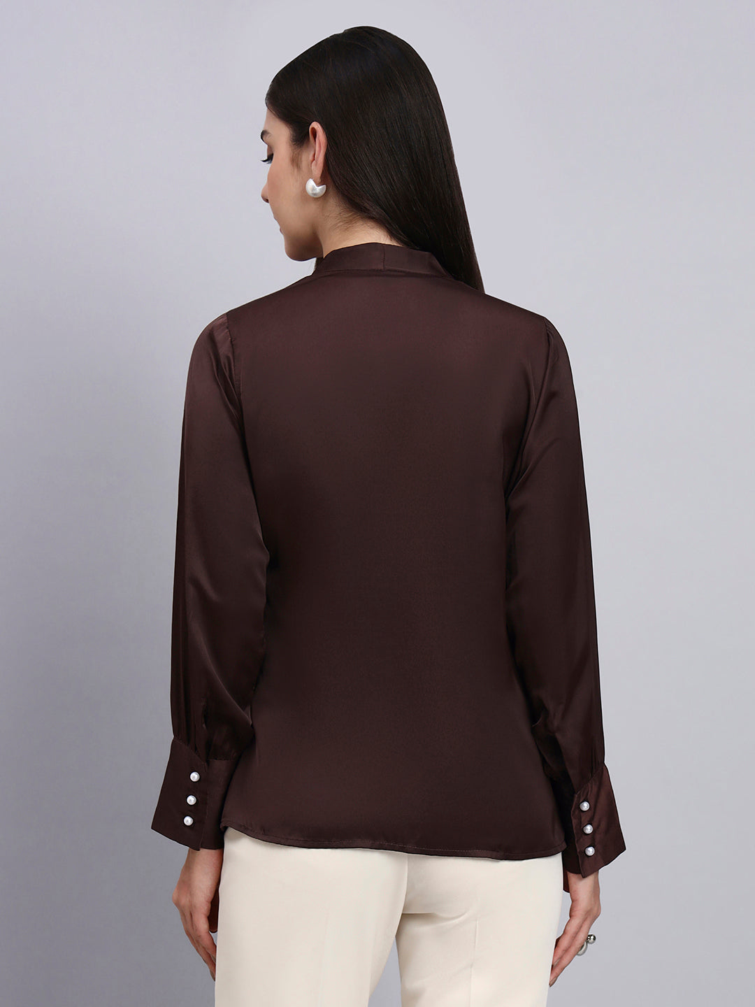 Women Premium Chocolate High-Neck Satin Top with Pearl Detailing