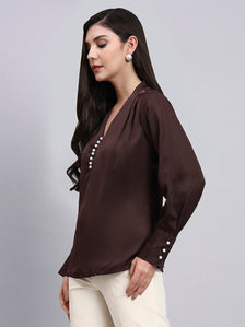 Women Premium Chocolate High-Neck Satin Top with Pearl Detailing