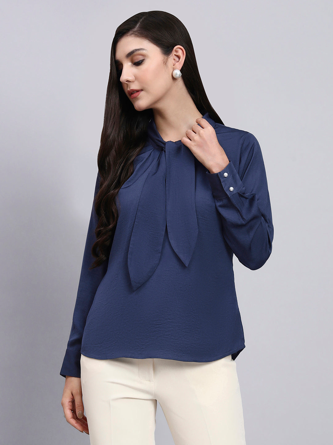 Effortlessly Elegant - Blue Tie-Neck Top
