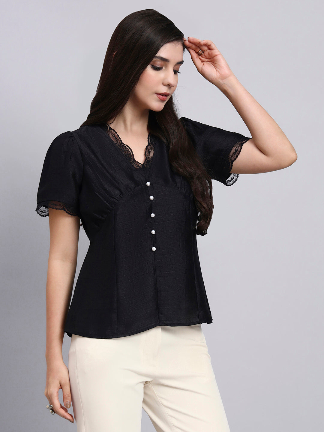 Women Modern Puff Sleeve Top With Pearl Button