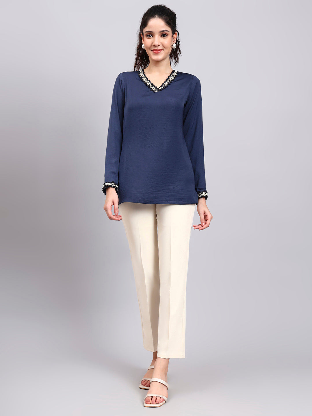 Blue V-Neck Top With Embellished Neckline And Cuff Detailing