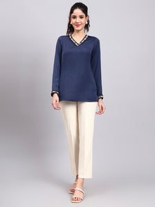 Blue V-Neck Top With Embellished Neckline And Cuff Detailing