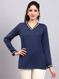 Blue V-Neck Top With Embellished Neckline And Cuff Detailing