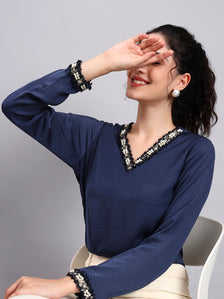 Blue V-Neck Top With Embellished Neckline And Cuff Detailing