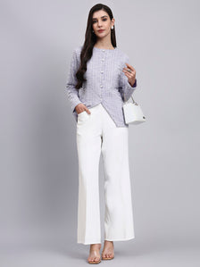 Elegant lilac warm tweed Stretchable top with pearl button detailing and a sleek front-slit silhouette.