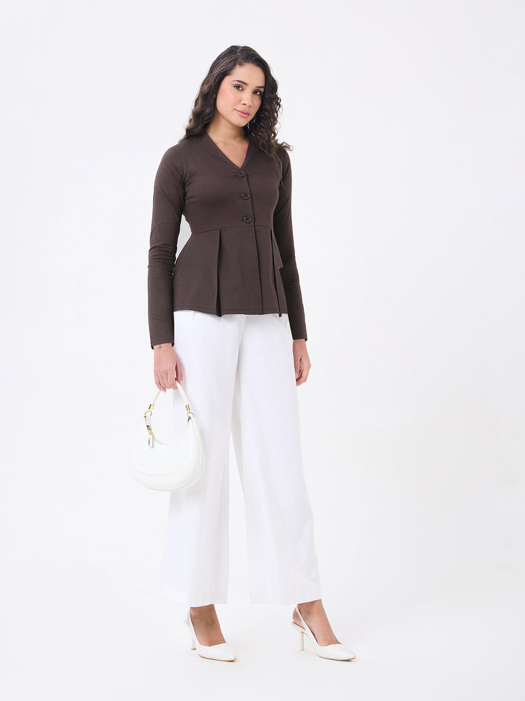 Women Brown V-neck Solid Top