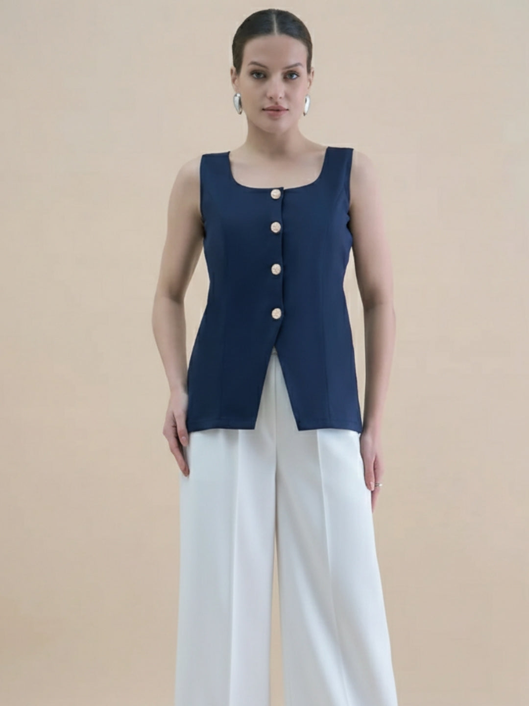 Women Navy Blue U-Neck Straight Fit Waistcoat