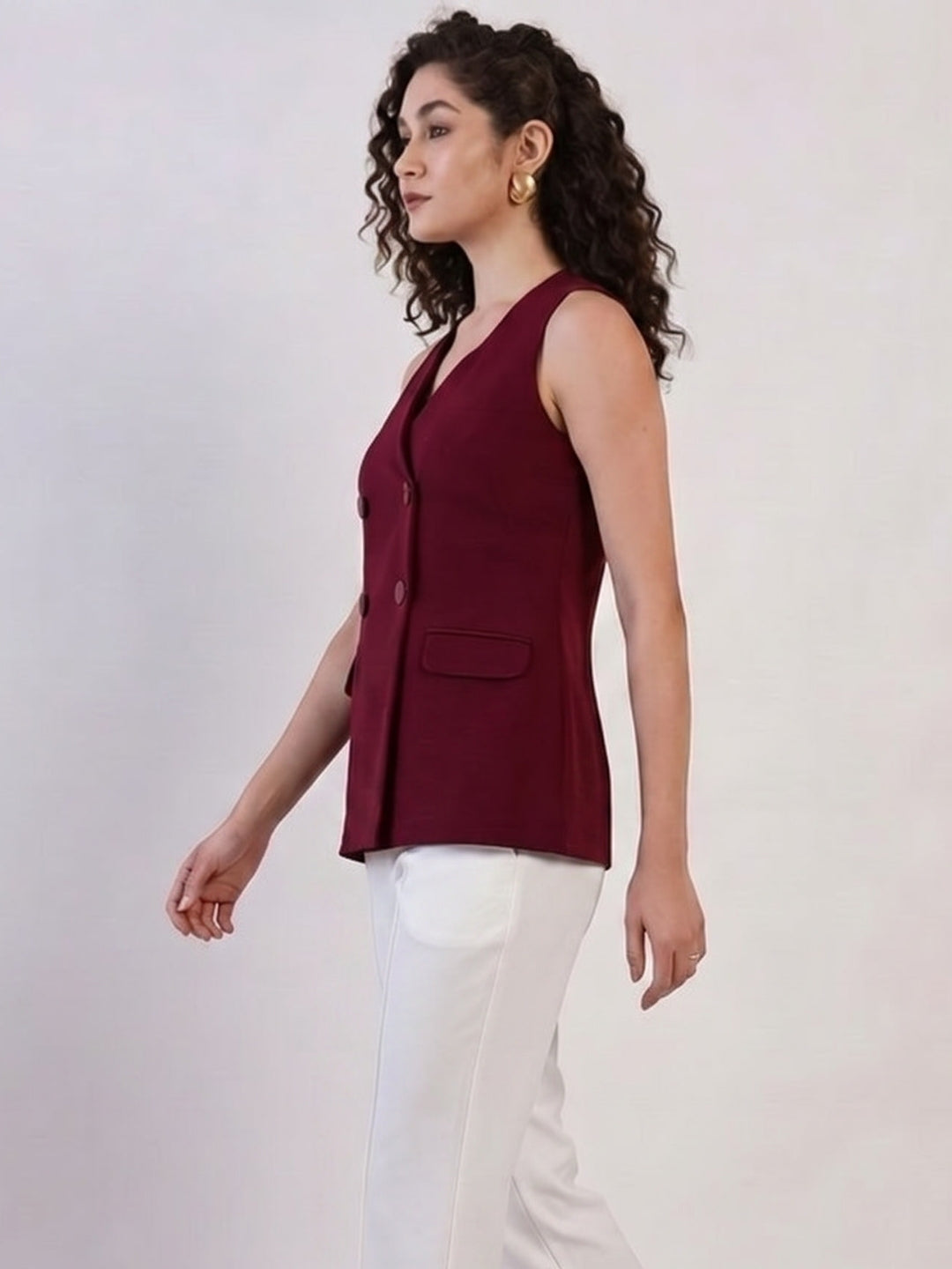 Women Burgundy Double Breasted Top