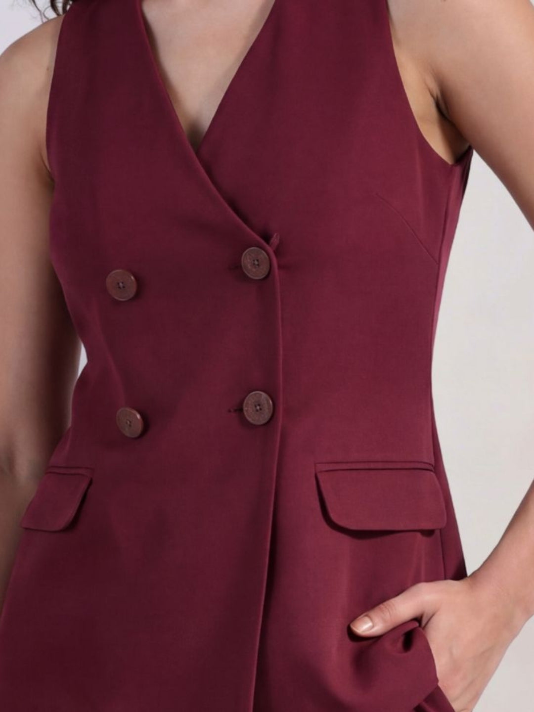 Women Burgundy Double Breasted Top