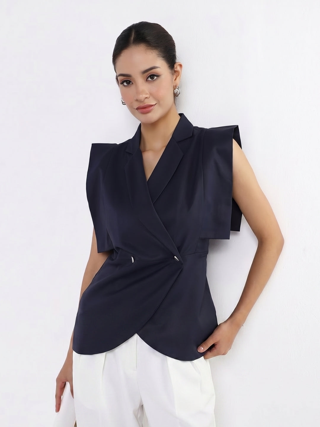 Women Navy Blue Boss Peplum Top