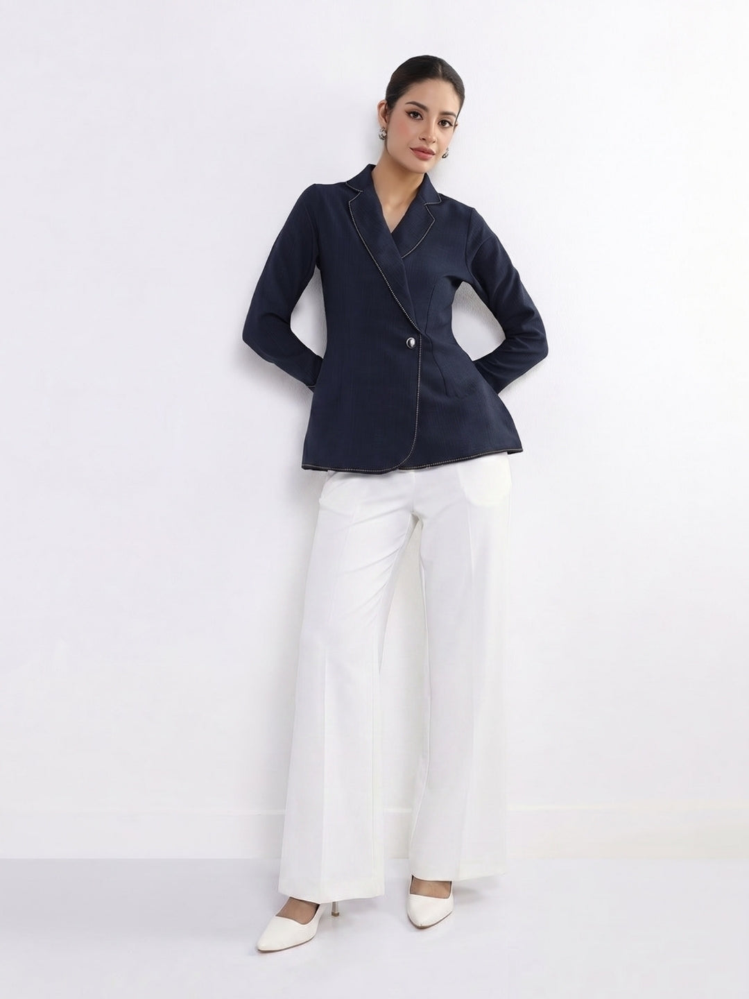 Women Navy Blue Blazer Style Top