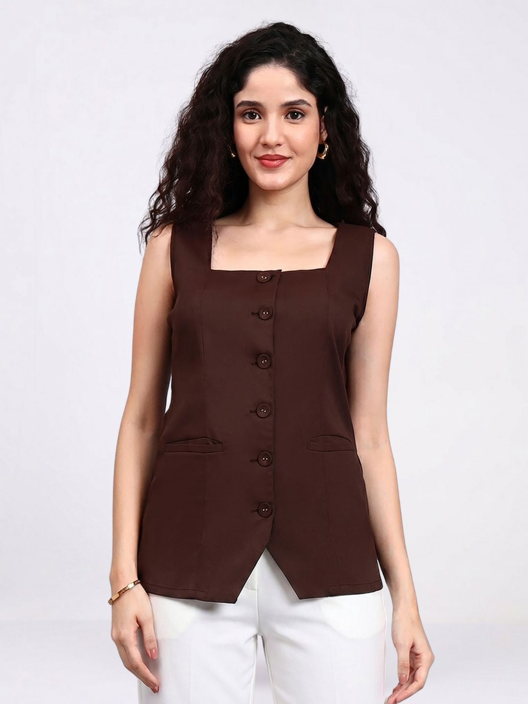 Women Brown Button Detail Waistcoat Top