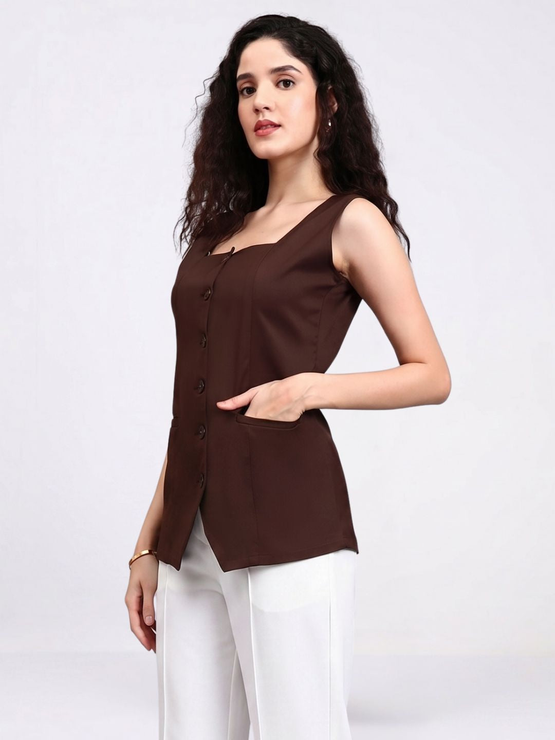 Women Brown Button Detail Waistcoat Top