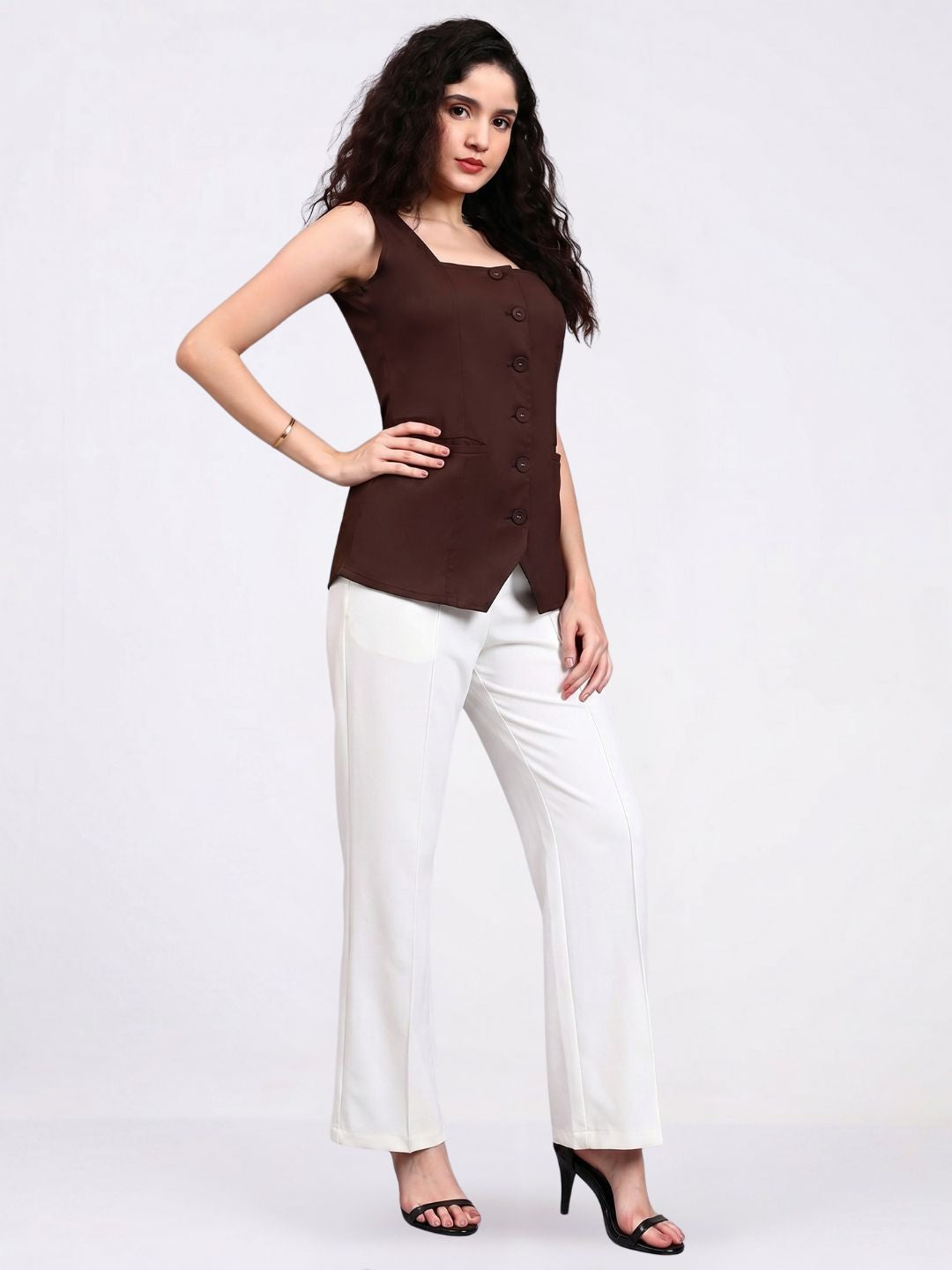 Women Brown Button Detail Waistcoat Top