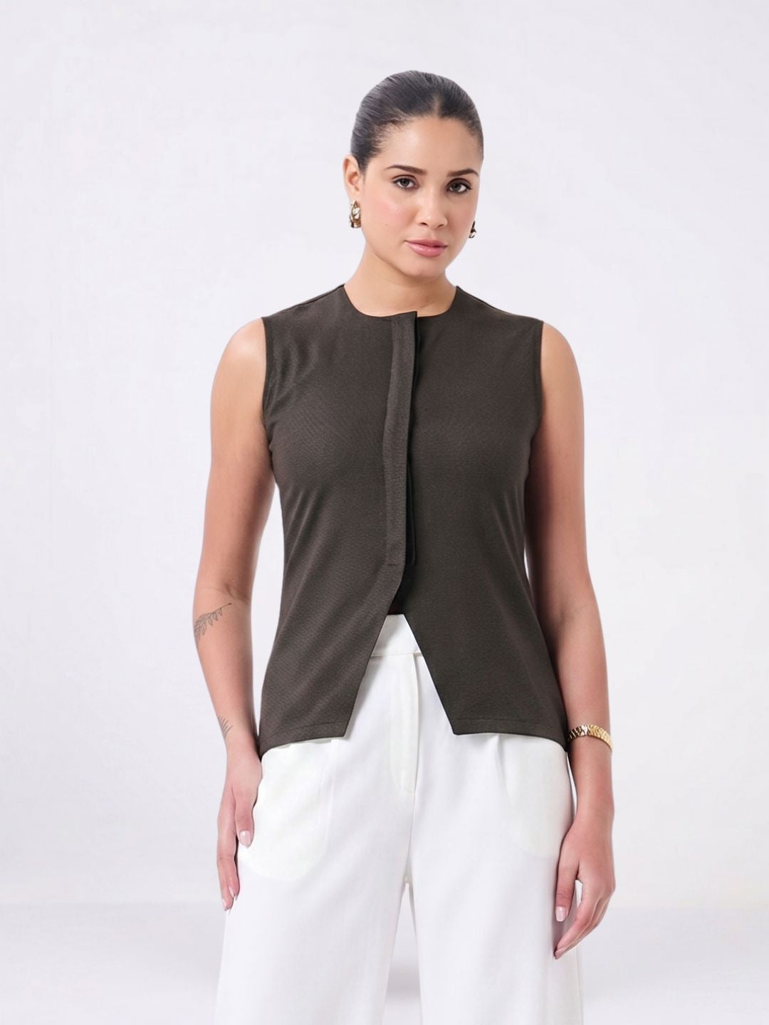 Women Brown Textured Overlay Top