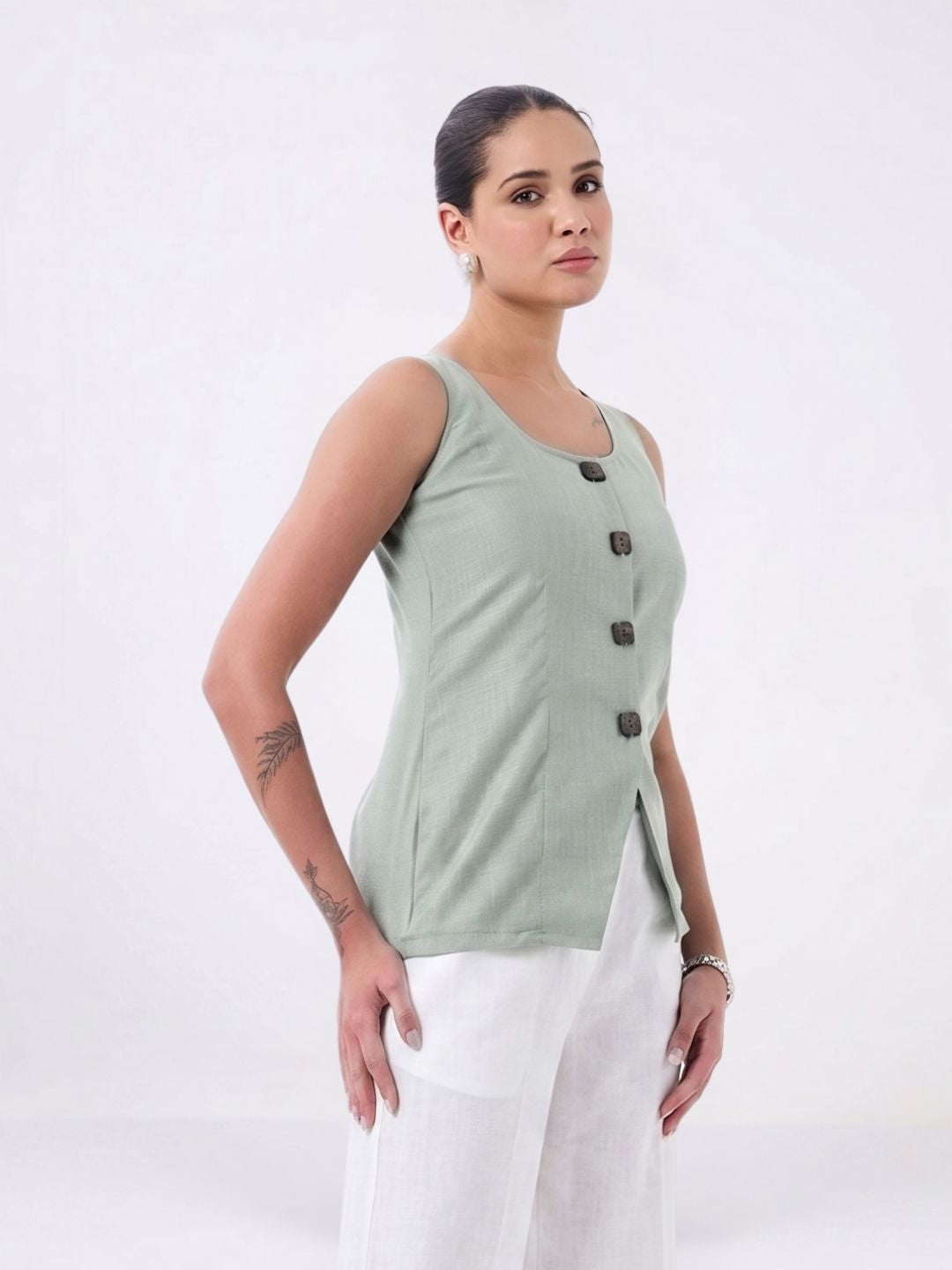 Women Sage Green Button Detail Top