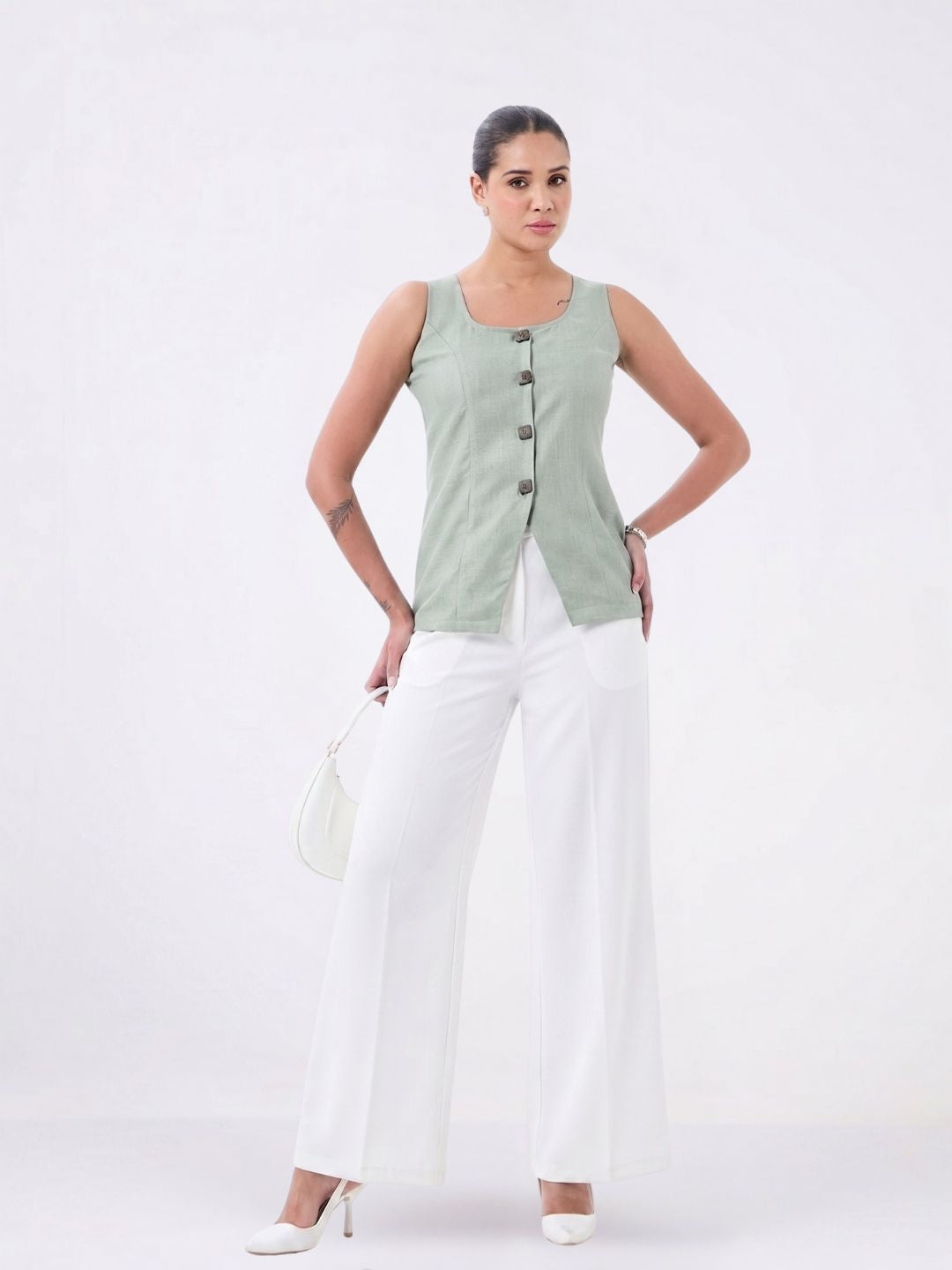 Women Sage Green Button Detail Top