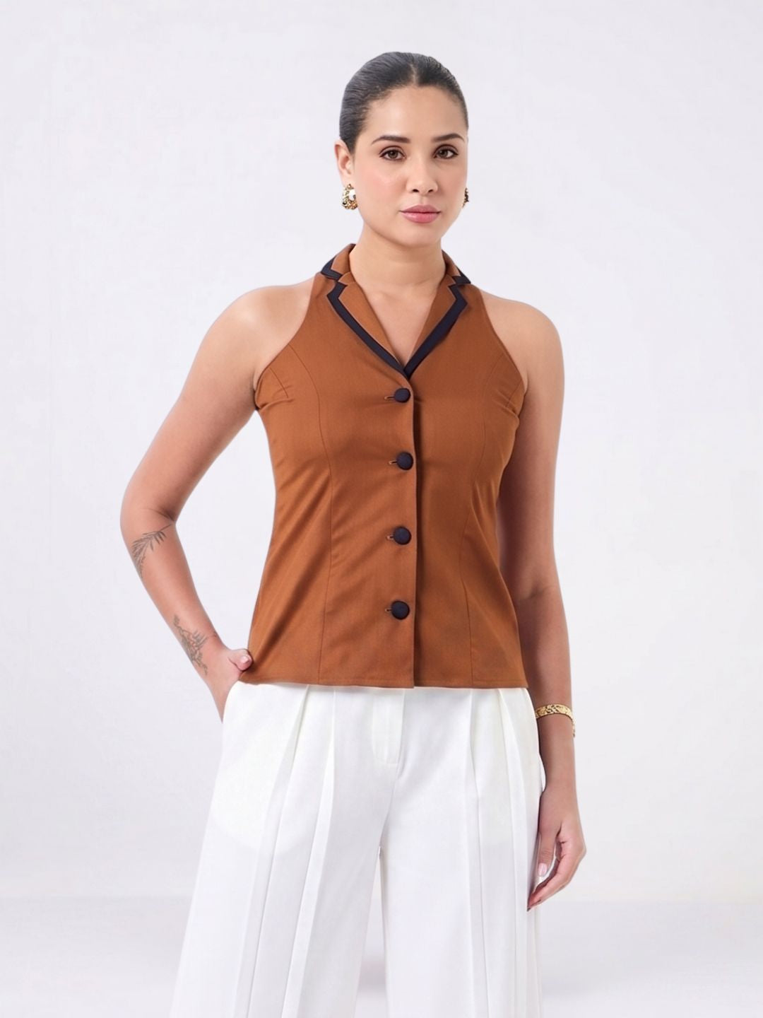 Women Rust Contrast Collar Top