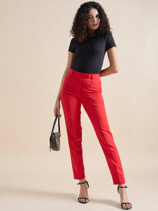 Red Mid Waist Slim Fit Stretch Trouser