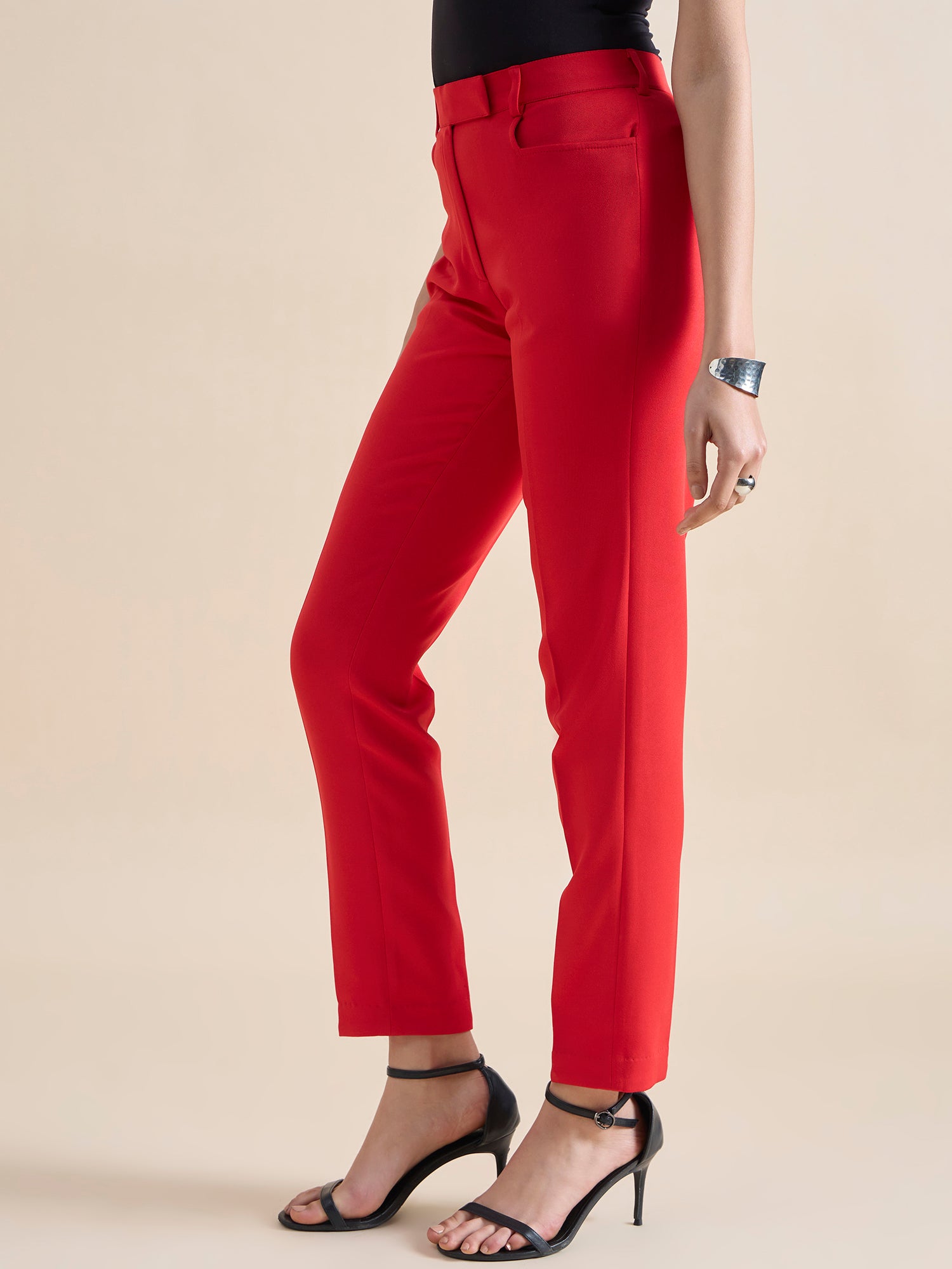 Red Mid Waist Slim Fit Stretch Trouser