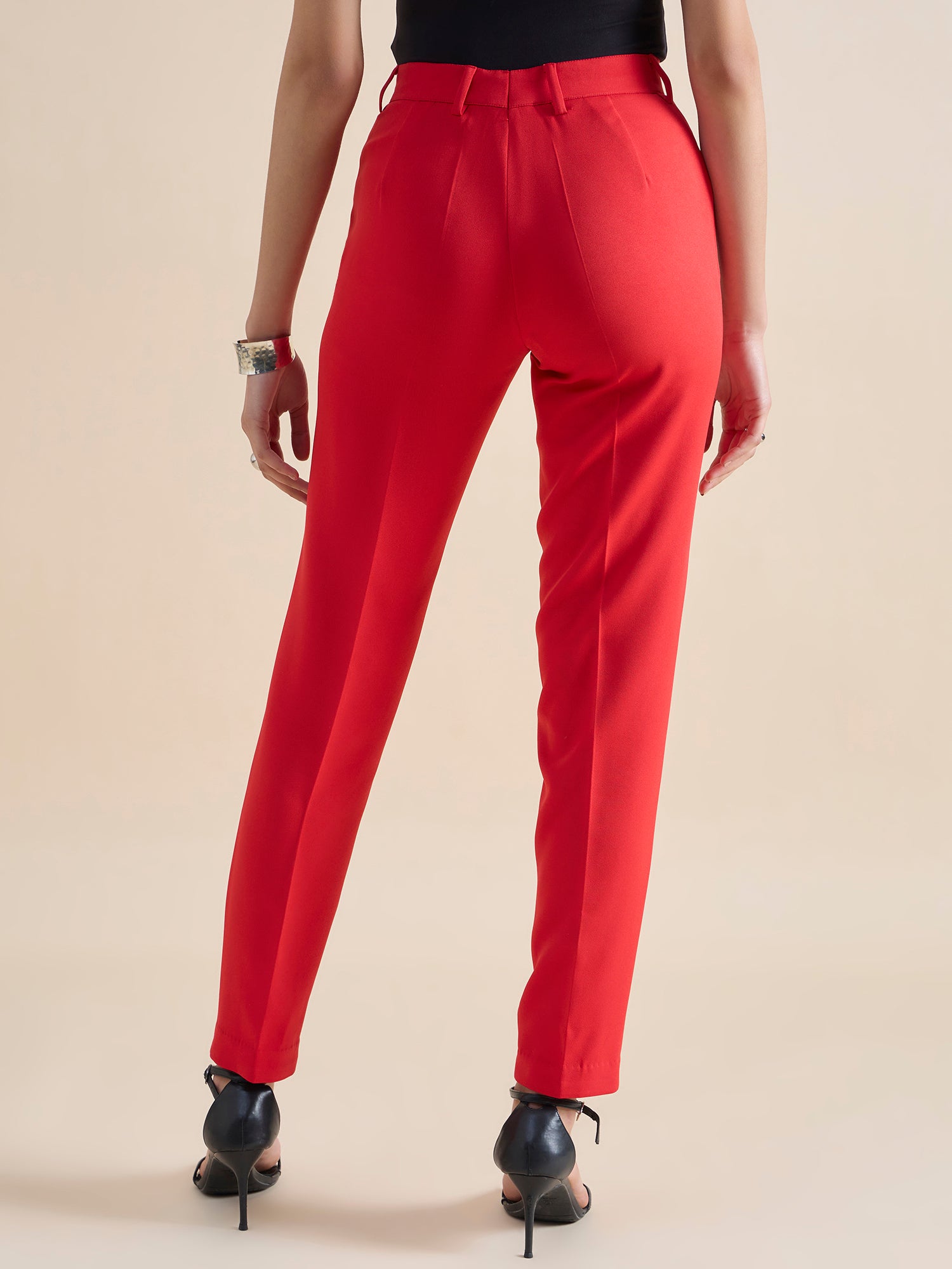 Red Mid Waist Slim Fit Stretch Trouser