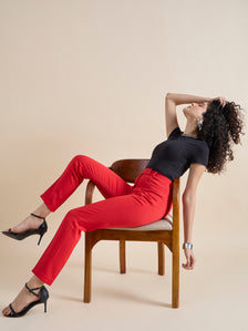 Red Mid Waist Slim Fit Stretch Trouser