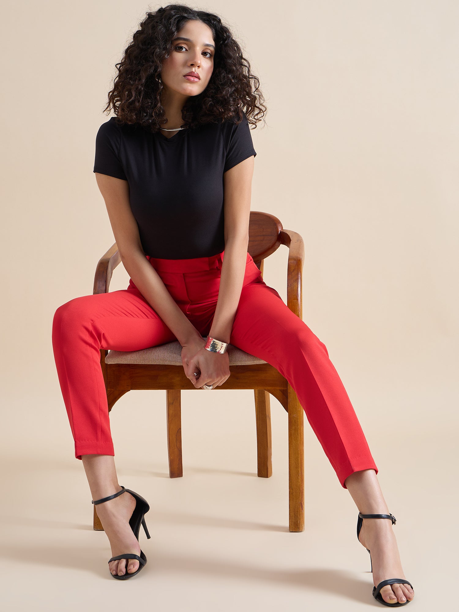 Red Mid Waist Slim Fit Stretch Trouser