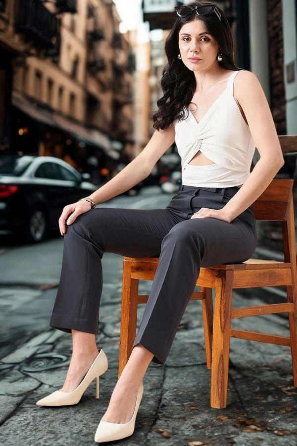 Women Comfort Fit Mid Waist Stretch Pants- Dark Grey