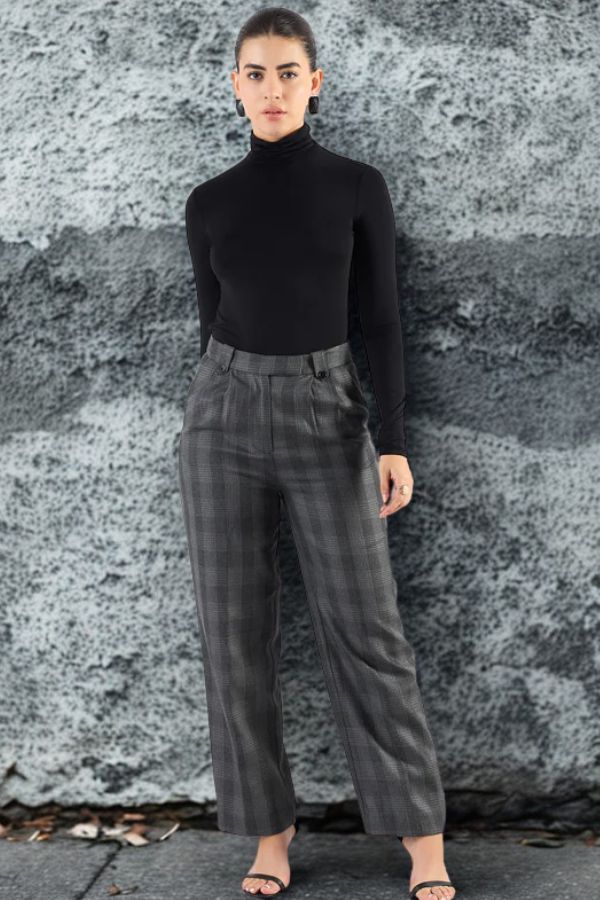 Women Checked Straight Fit High-Rise Wrinkle Free Pleated Trousers