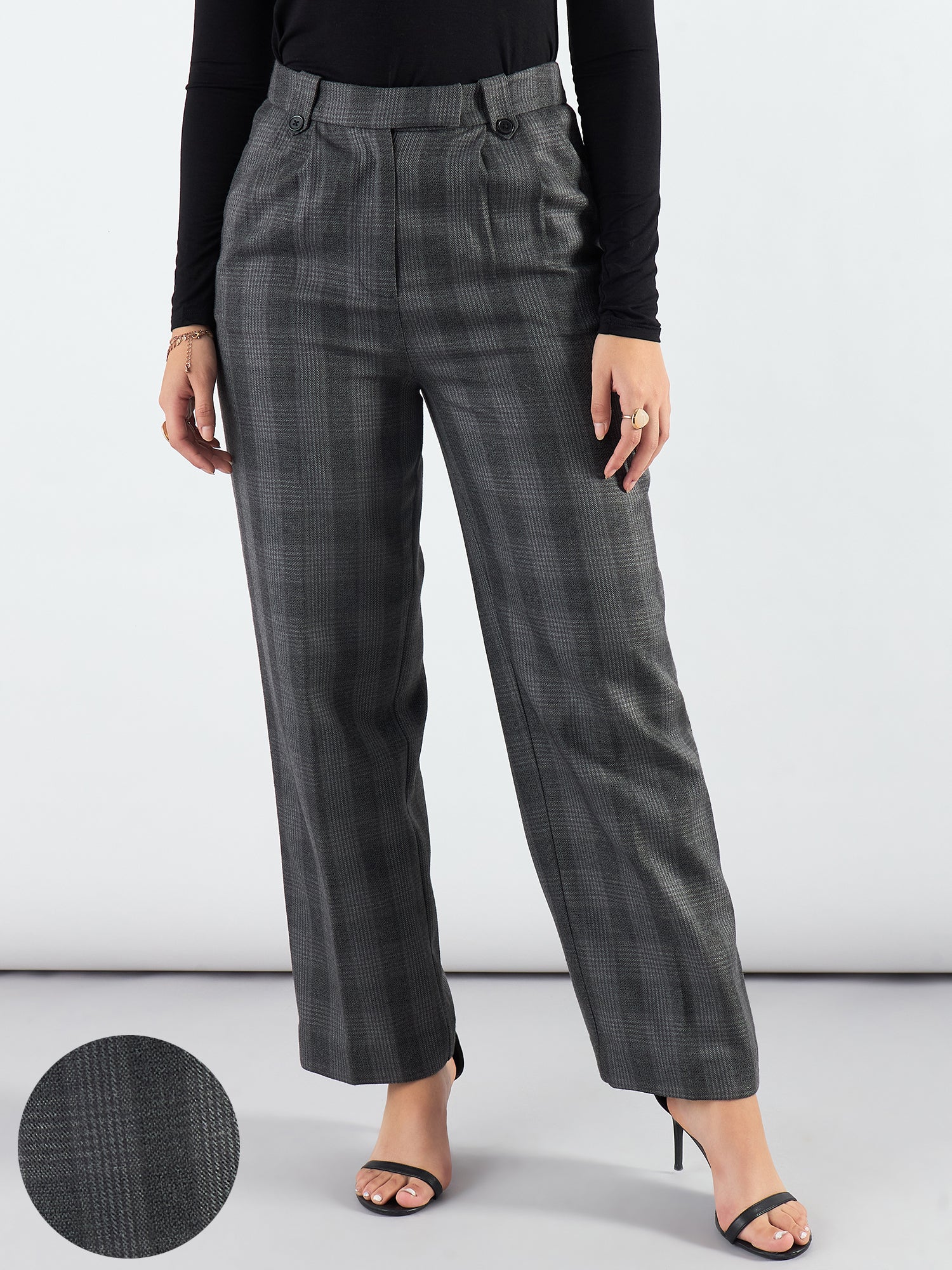 Grey Checkered High Waist Warm Pleated Trouser
