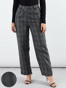 Grey Checkered High Waist Warm Pleated Trouser
