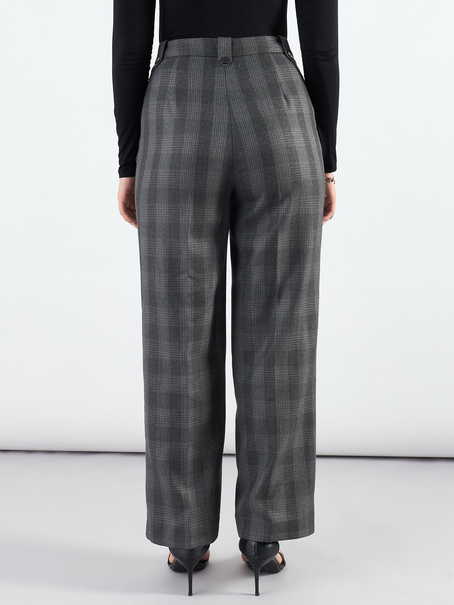 Grey Checkered High Waist Warm Pleated Trouser