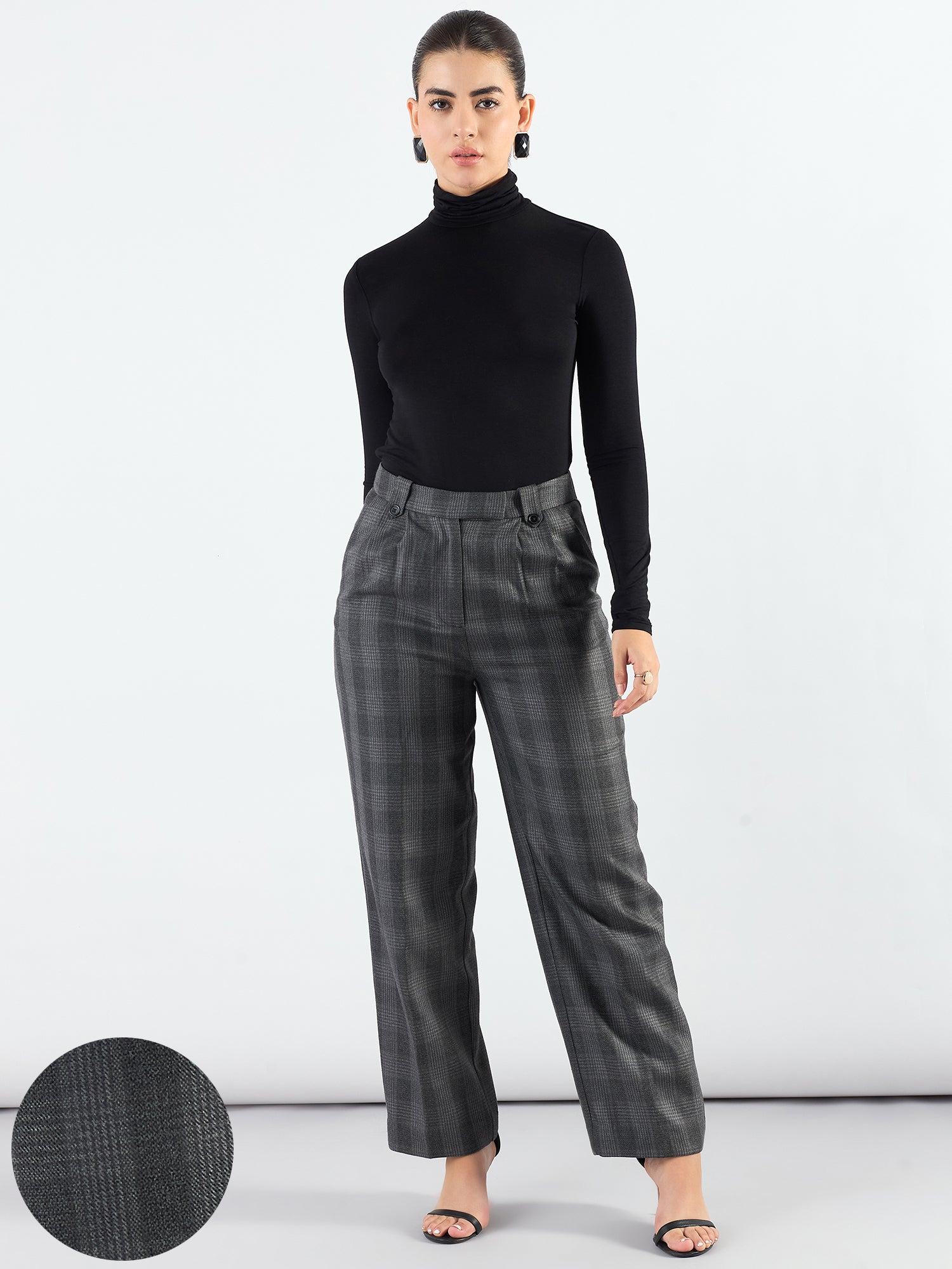 Grey Checkered High Waist Warm Pleated Trouser